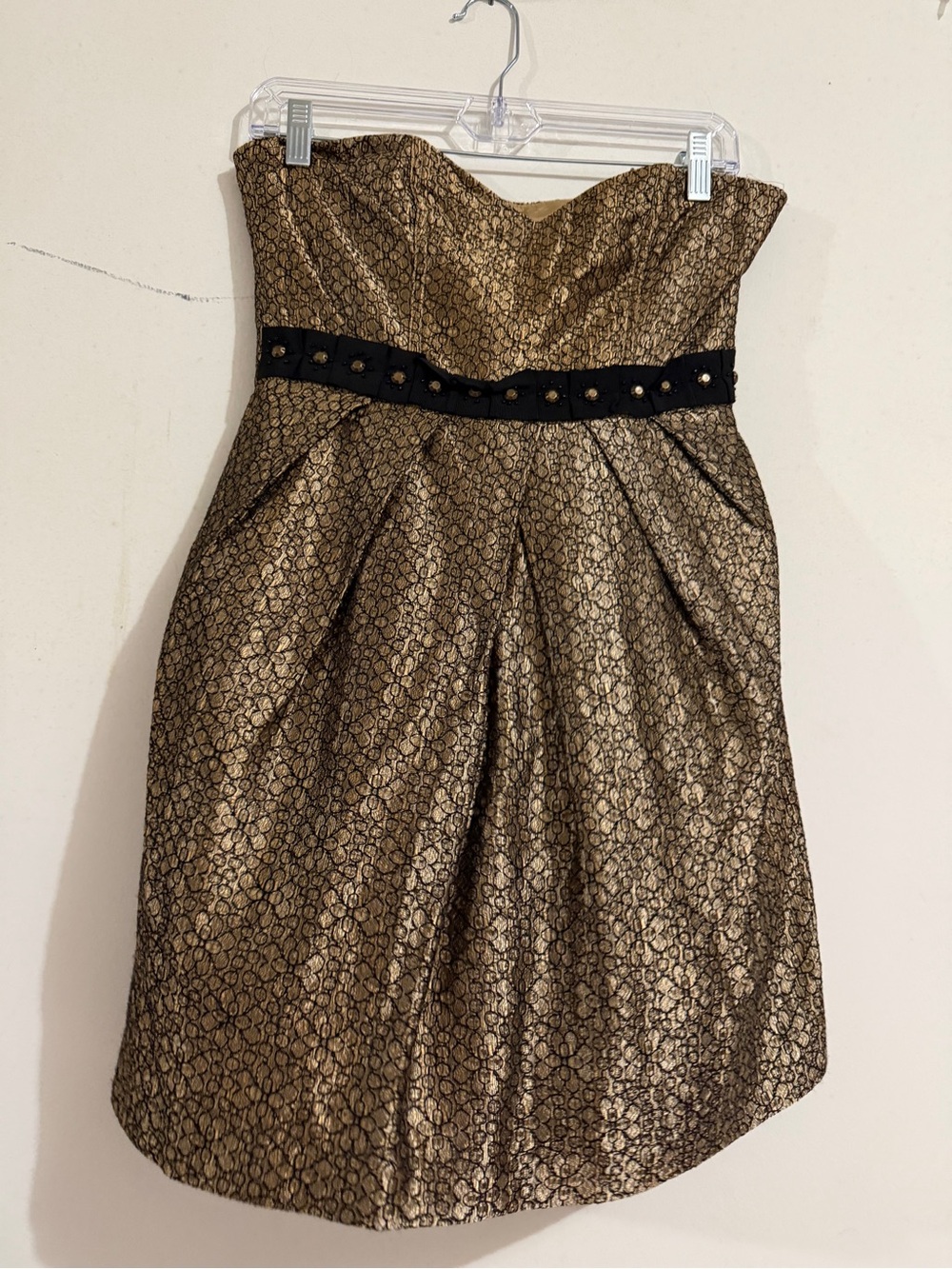 Strapless Gold Brocade Party Dress with Black Waistband